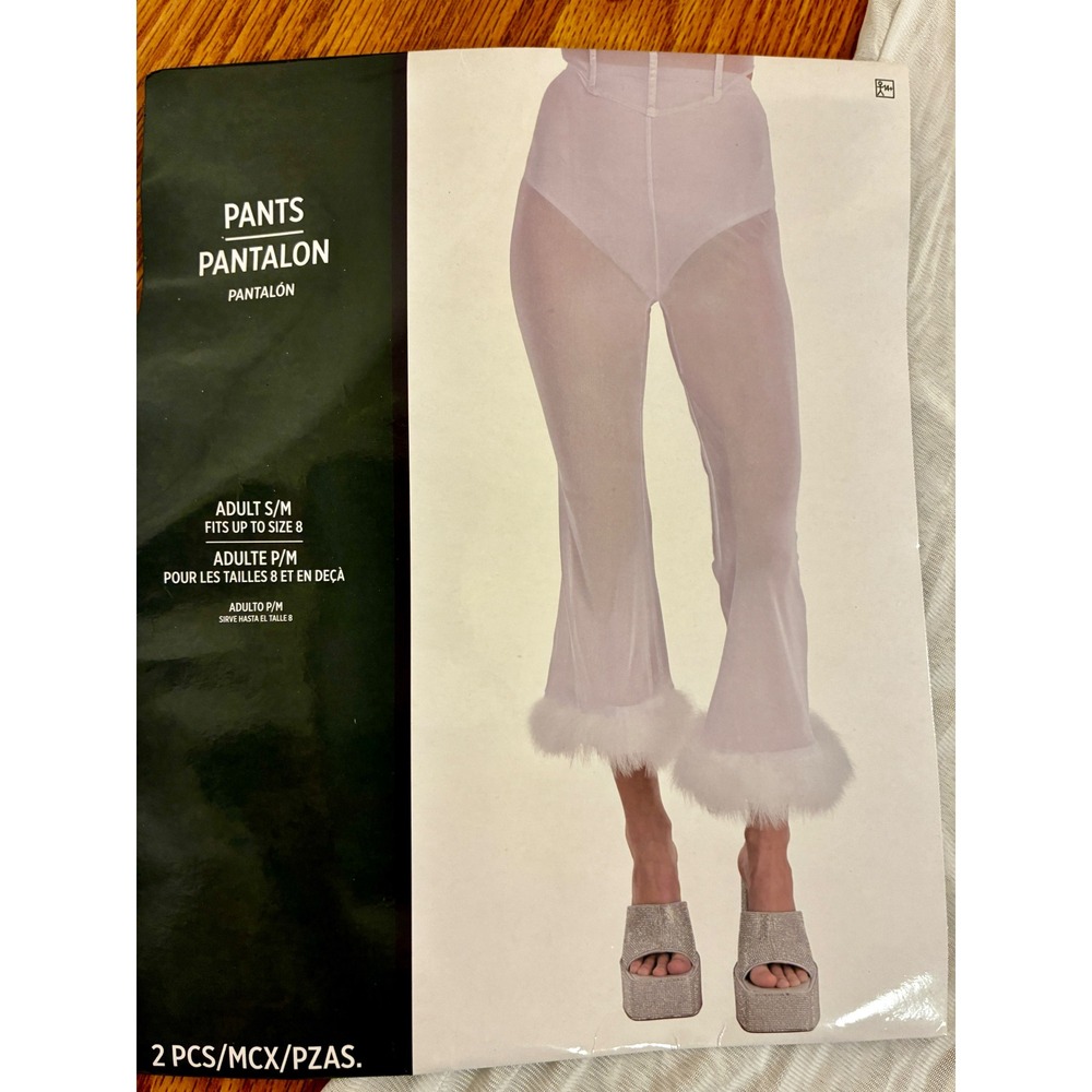 Costume Sheer Mesh Faux Fur Trim Flare Pants Y2K Coquette Bell Bottom S/M White